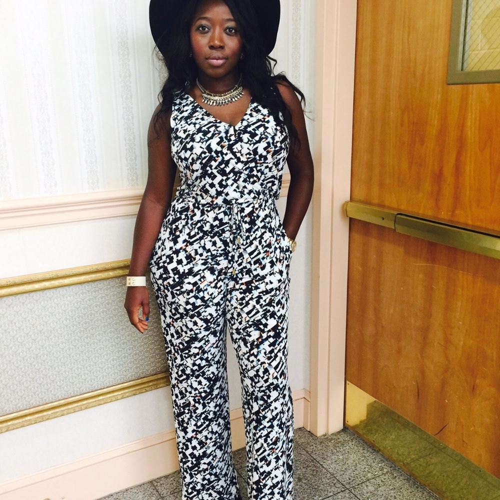 Vince Camuto Black, Cream & Light Blue Printed Sleeveless Jumpsuit